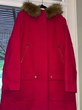 J.Crew Chateau Wool Parka Bright Magenta Pink Faux Fur Hood Coat